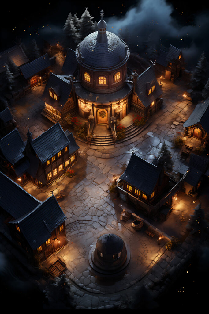 The Cozy Village Square at Night